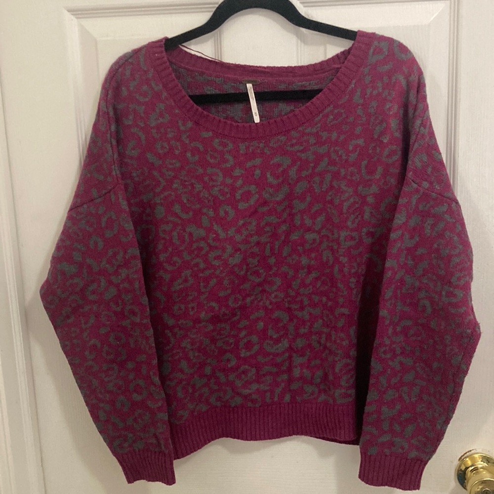 Free People Cool Cat Fuchsia Grey Crew Neck Sweater Size M Cotton/Alpaca Blend